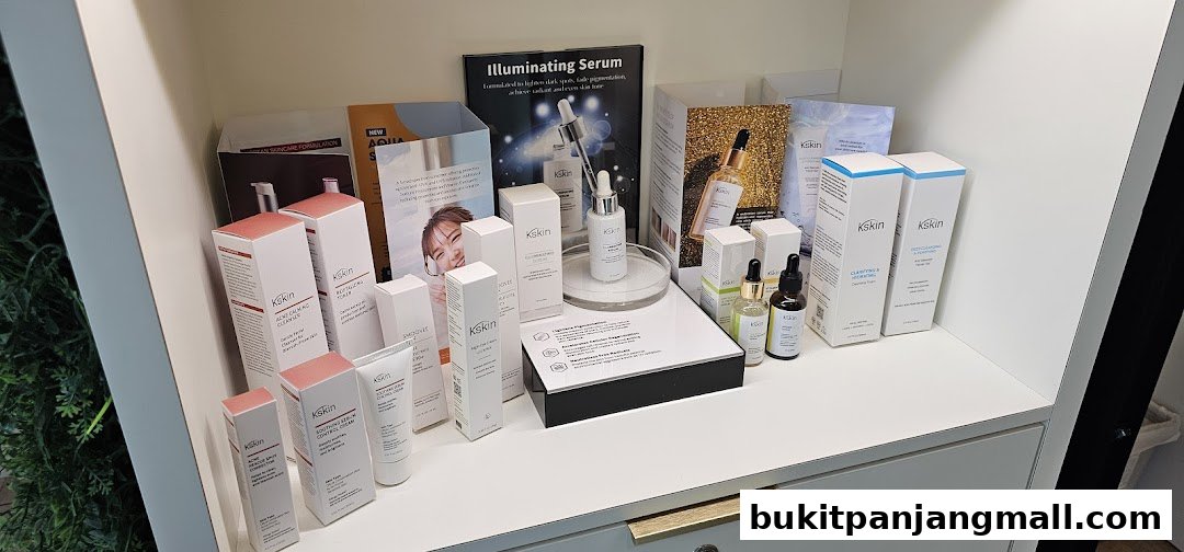 A display of Kskin Korean skincare products, including serums, cleansers, and creams.