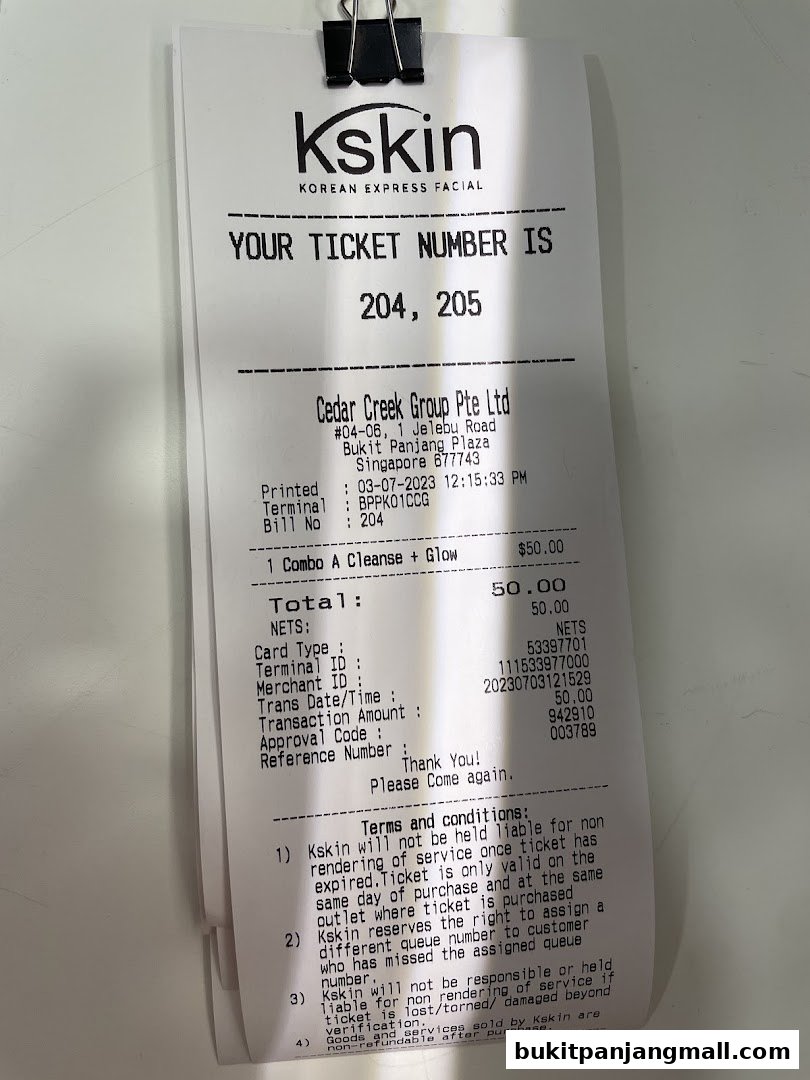 A receipt from Kskin Korean Express Facial showing a ticket number and service details.