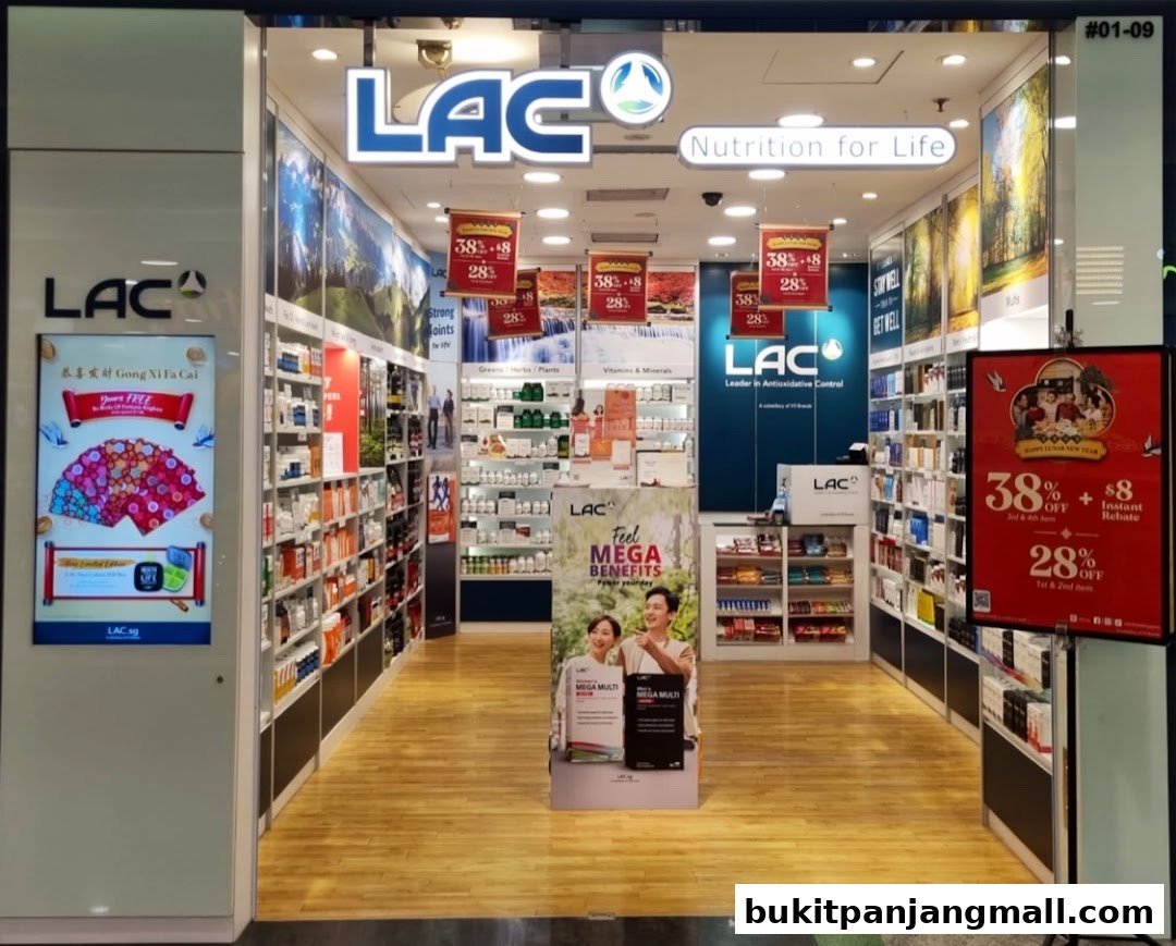 The entrance of LAC Nutrition For Life store, showcasing health products and promotions.