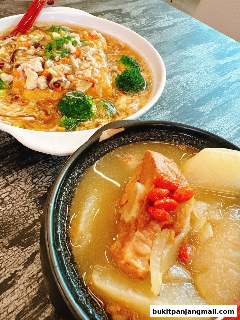 Two bowls of hearty Chinese soups, one with tofu and vegetables, the other with pork ribs and radish.