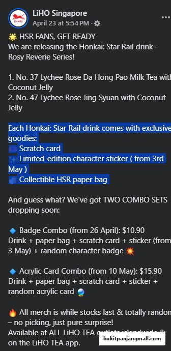 LiHO Singapore announces Honkai: Star Rail themed drinks and combo sets with exclusive merchandise.