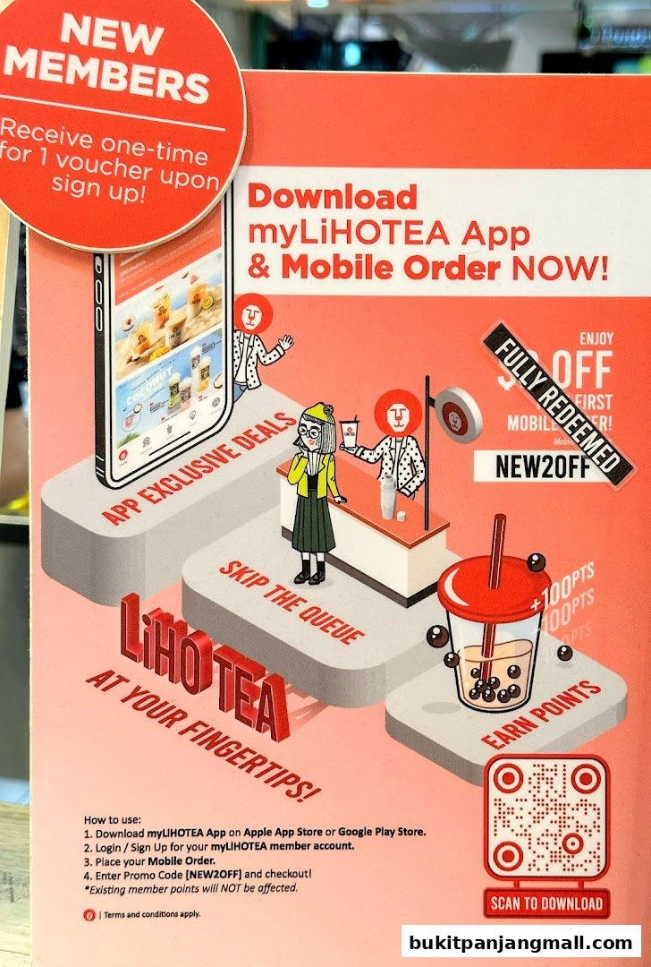 Promotional poster for LiHO TEA app download with a new member voucher offer.