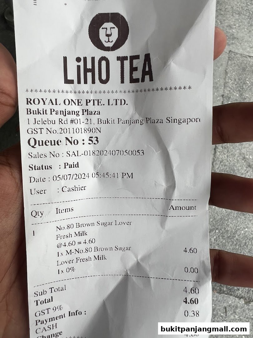 A receipt from LiHO TEA showing a purchase of No.80 Brown Sugar Lover Fresh Milk.