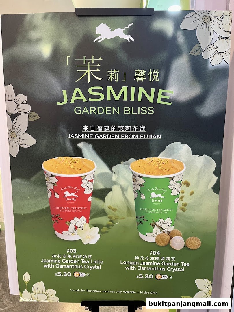 A promotional poster for LiHO TEA featuring two Jasmine Garden drinks with Osmanthus Crystal.