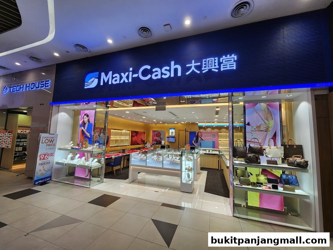 The exterior of a Maxi-Cash store, showcasing jewelry and handbags in display cases.
