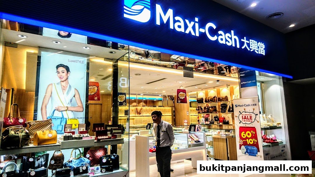 Maxi-Cash store front displaying handbags, jewelry, and a sale banner.
