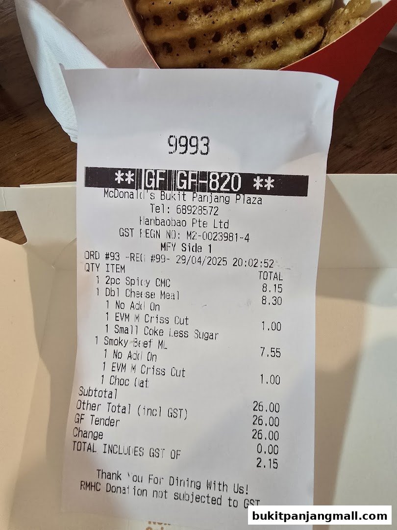 A receipt from McDonald's Bukit Panjang Plaza detailing a food order and total cost.