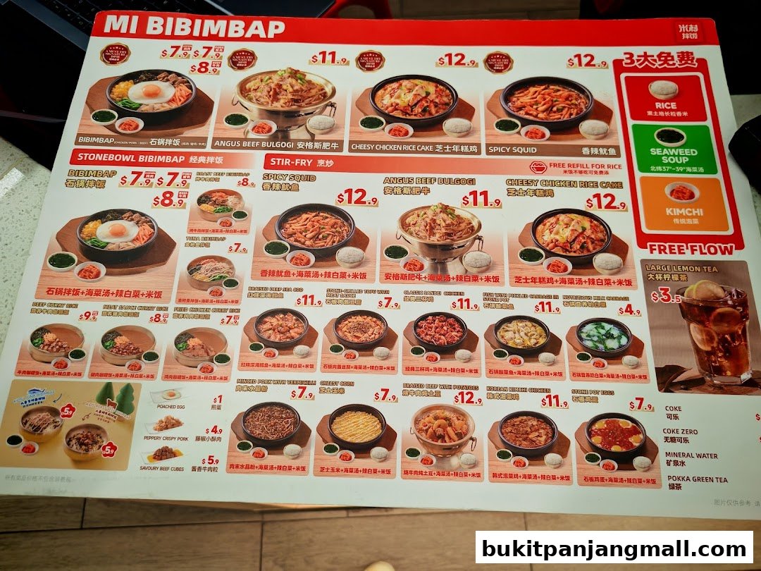A menu for Mi Bibimbap featuring various Korean dishes with prices and descriptions.