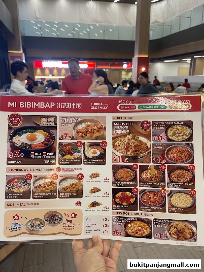 A menu from Mi Bibimbap featuring various Korean dishes with prices and images.