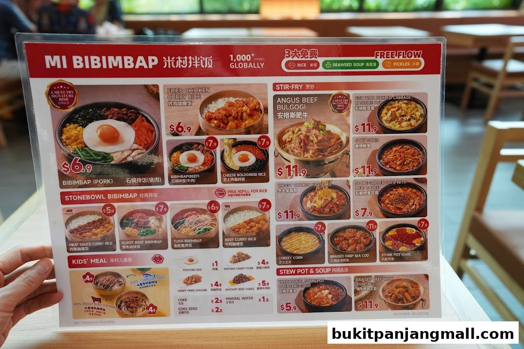 A menu from Mi Bibimbap featuring various Korean dishes with prices and images.
