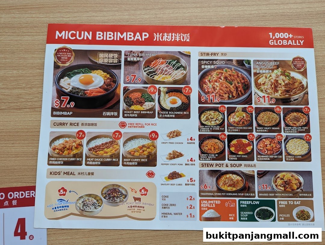 A menu from Micun Bibimbap featuring various Korean dishes like Bibimbap, stir-fries, and curries.
