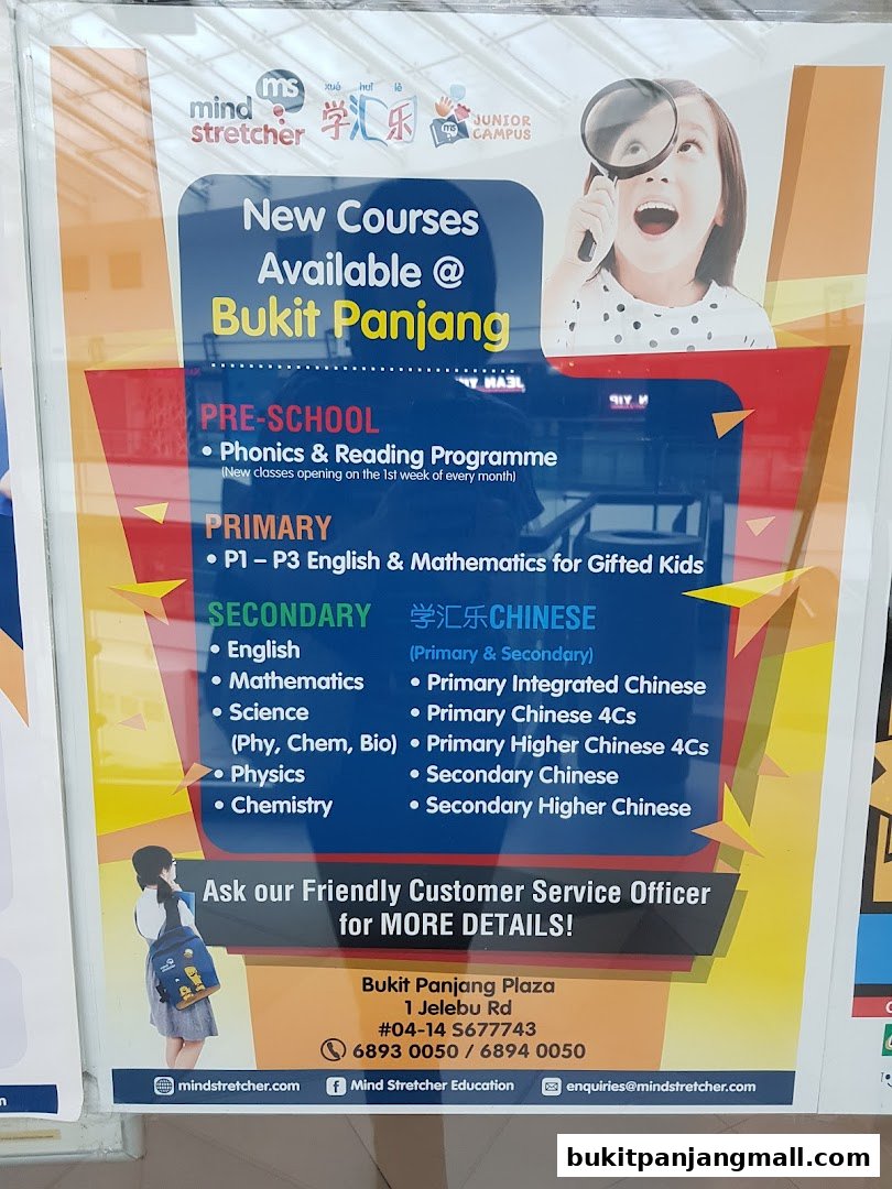 A poster announcing new courses available at Mind Stretcher Bukit Panjang, detailing offerings for pre-school, primary, and secondary levels.