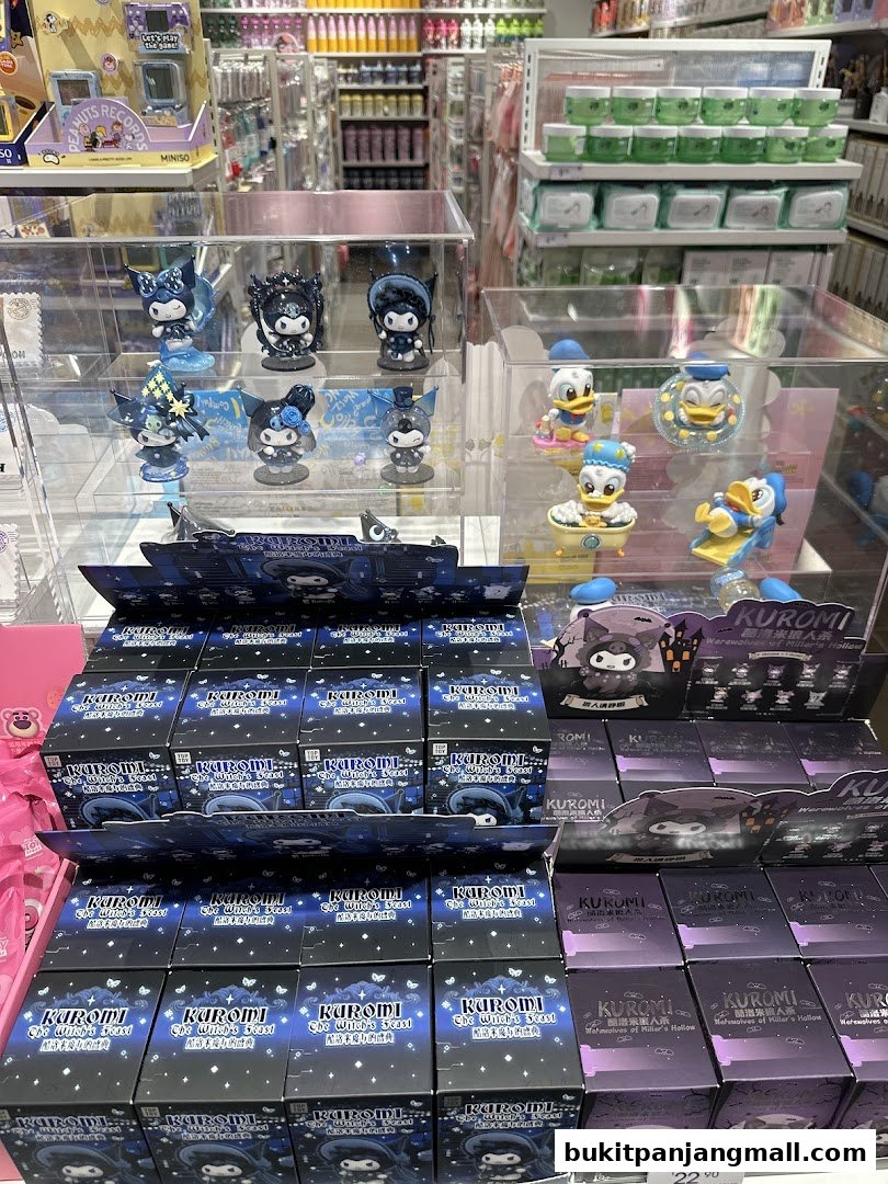 Display of collectible figurines and blind boxes featuring Sanrio characters like Kuromi and Disney's Donald Duck.