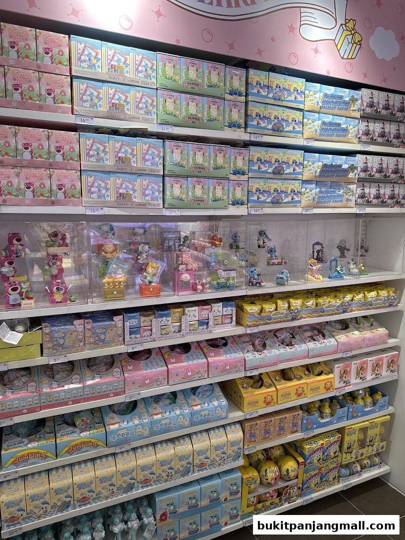 Shelves filled with various blind box toys and collectibles, featuring popular characters.
