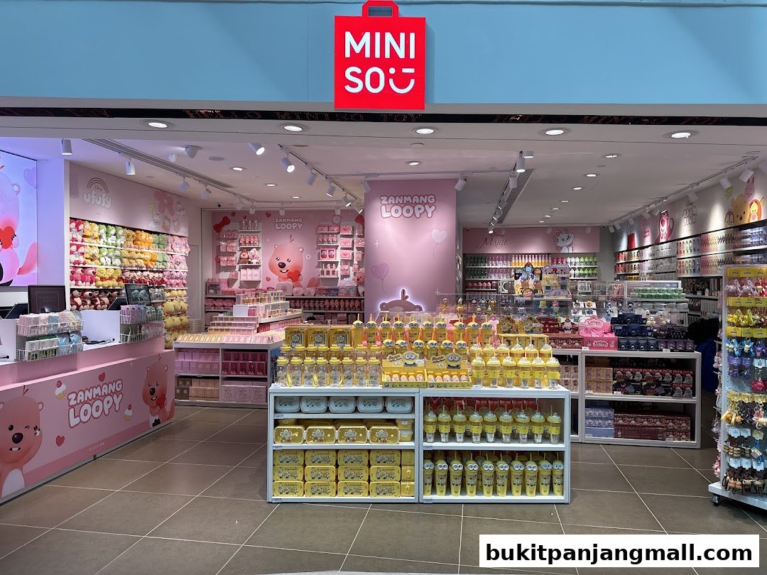 Interior view of a Miniso store filled with plush toys, stationery, and various merchandise.