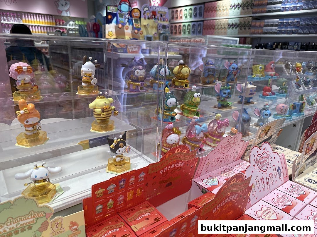 Display of Sanrio character blind box toys in a retail store.