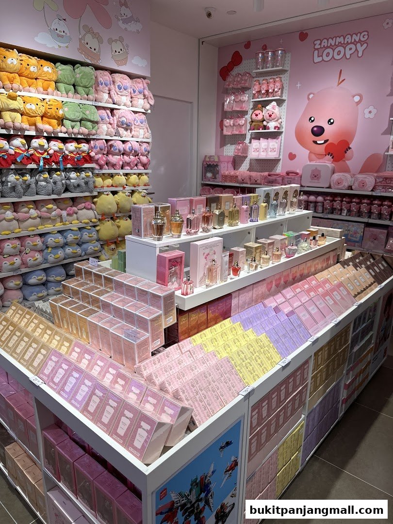 A brightly lit retail store interior showcasing shelves filled with plush toys and various beauty products.