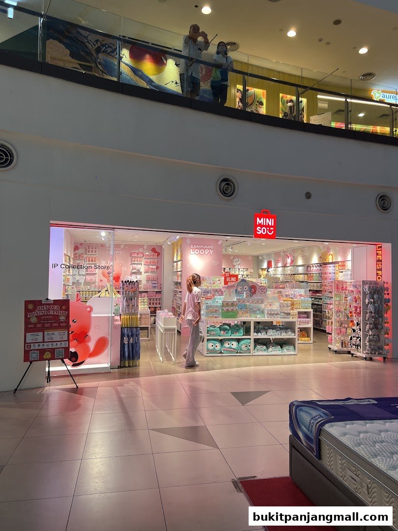 A Miniso store interior with various merchandise displayed, including plush toys and accessories.