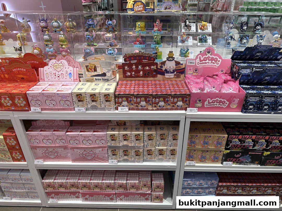 Shelves filled with various blind box toys and merchandise, featuring popular characters.