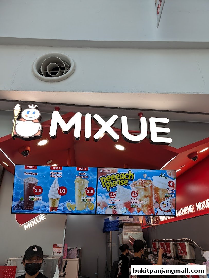 A digital menu board displaying various ice cream and drink options from MIXUE.