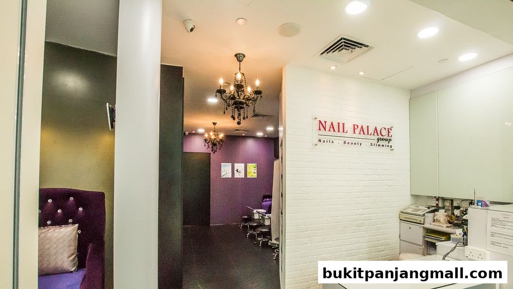 Interior view of Nail Palace showing a reception area and nail treatment stations.
