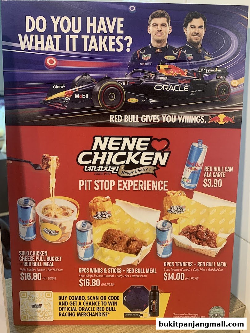 NeNe Chicken menu featuring Red Bull racing collaboration meals and merchandise.