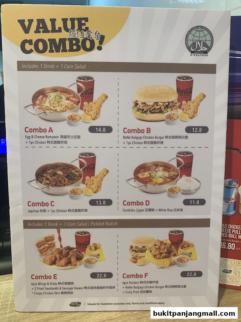 A menu showcasing NeNe Chicken's value combo meals with various Korean-inspired dishes.