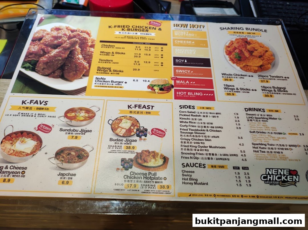 A menu from NeNe Chicken featuring Korean fried chicken, burgers, stews, and sides.