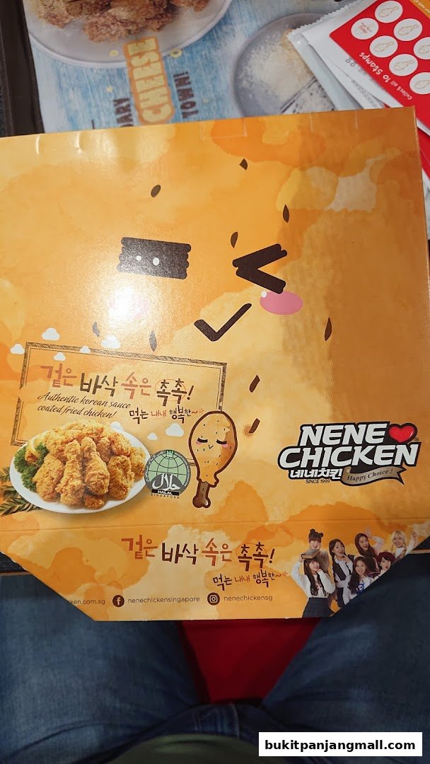 A box of NeNe Chicken with a picture of fried chicken and Korean text.