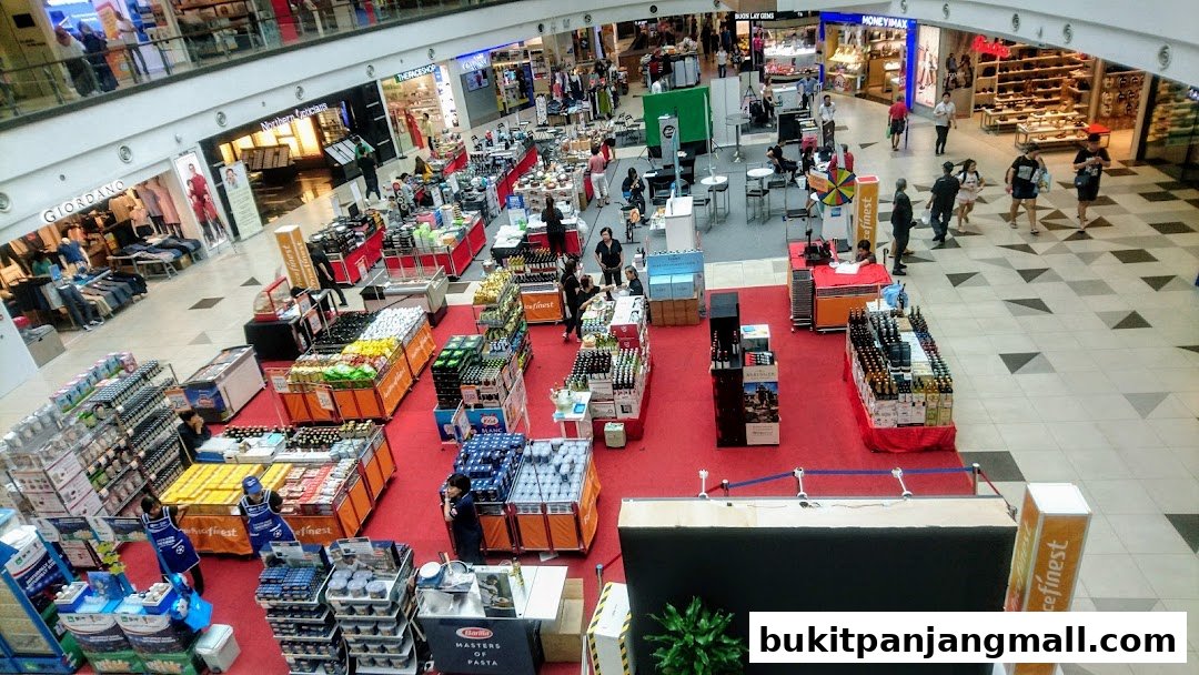 An aerial view of a bustling shopping mall with various retail displays and shoppers.