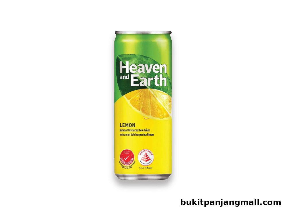 A can of Heaven and Earth Lemon flavoured tea drink with a slice of lemon.