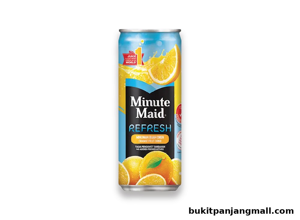 A can of Minute Maid Refresh orange fruit drink with oranges and juice splashes.