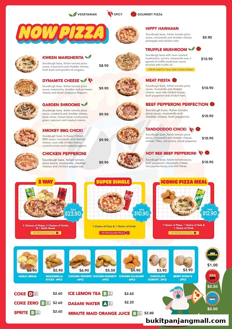 A menu for Now Pizza featuring various pizzas, sides, drinks, and meal deals.