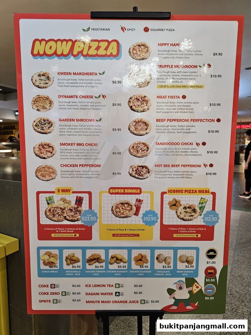 A menu board for Now Pizza featuring various pizza options, sides, drinks, and meal deals.