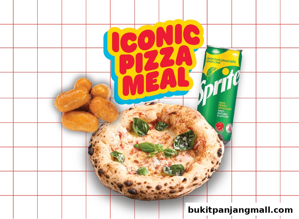 An iconic pizza meal featuring a pizza, side dish, and a can of Sprite.