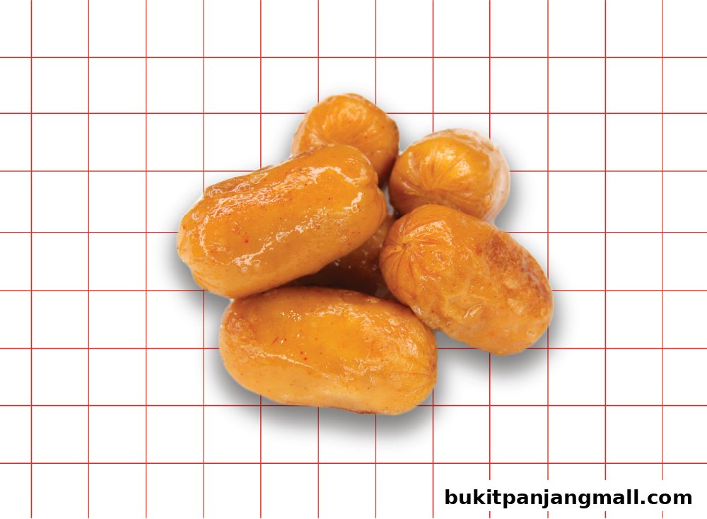 A pile of glistening, golden-brown mini sausages on a white background with a red grid overlay.
