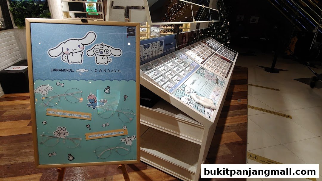 A display of Cinnamoroll themed eyeglasses at OWNDAYS, featuring a promotional poster.
