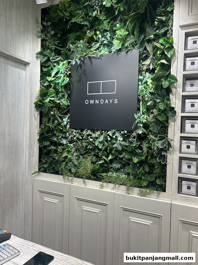 OWNDAYS shop interior with a green wall and logo, and display cases.