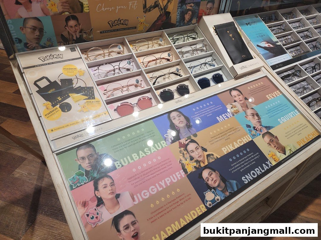 A display of eyeglasses and promotional materials featuring Pokémon characters.