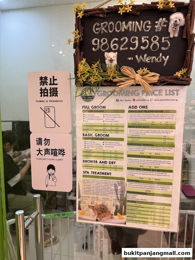 A price list for pet grooming services, including full groom, basic groom, and spa treatments.