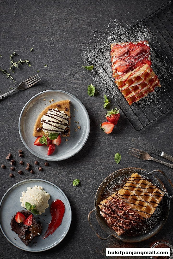 A top-down view of various desserts including waffles, ice cream, and a chocolate lava cake.