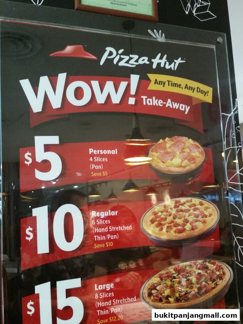 A Pizza Hut menu board showcasing take-away deals for personal, regular, and large pizzas.