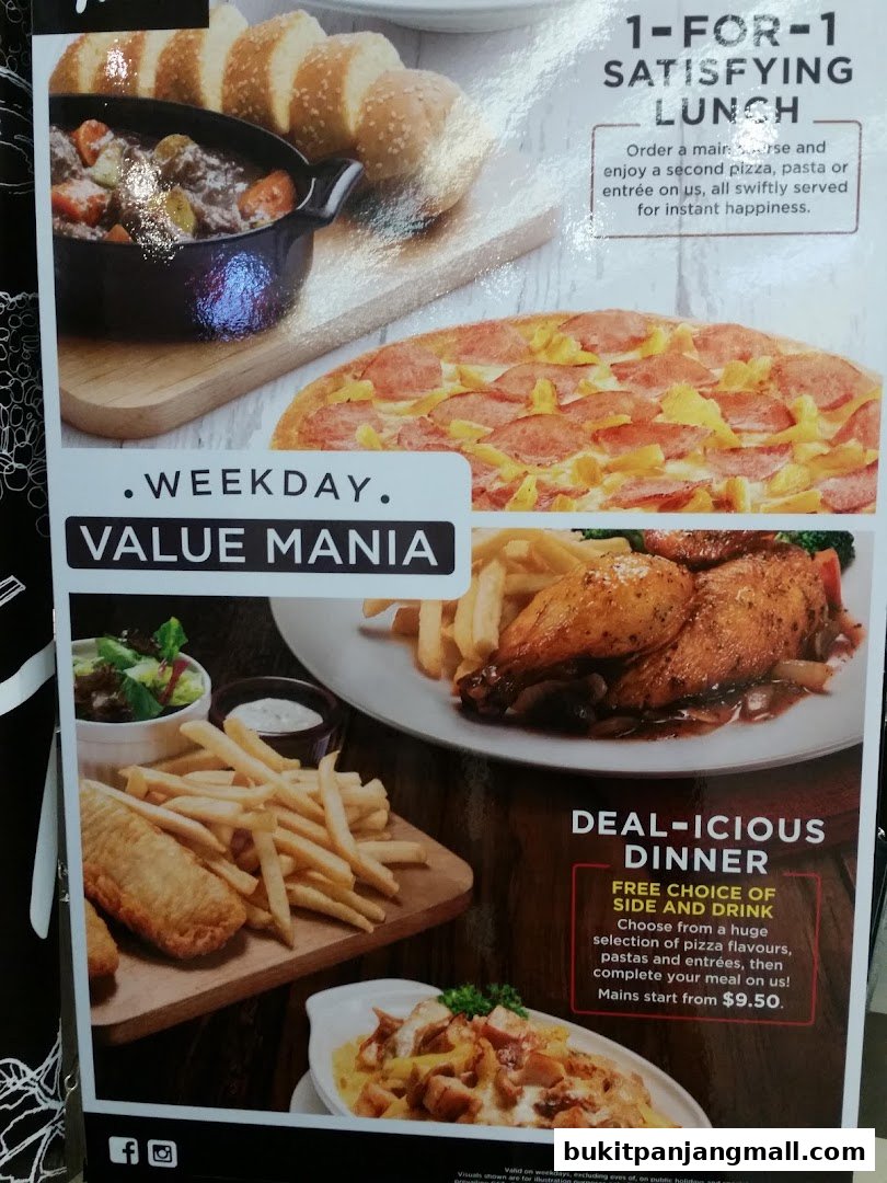 A menu featuring a 1-for-1 lunch deal and a 'Deal-icious Dinner' with free side and drink.