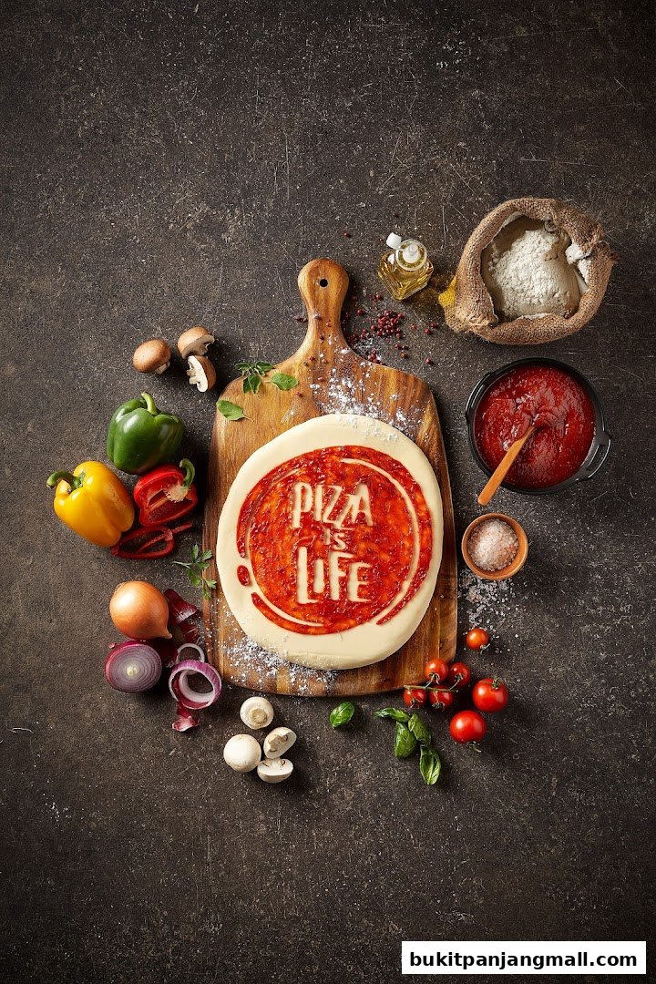 A pizza base with 'Pizza is Life' written in sauce, surrounded by fresh ingredients.