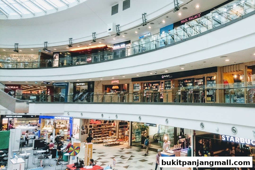 Interior view of a multi-level shopping mall with various stores and escalators.