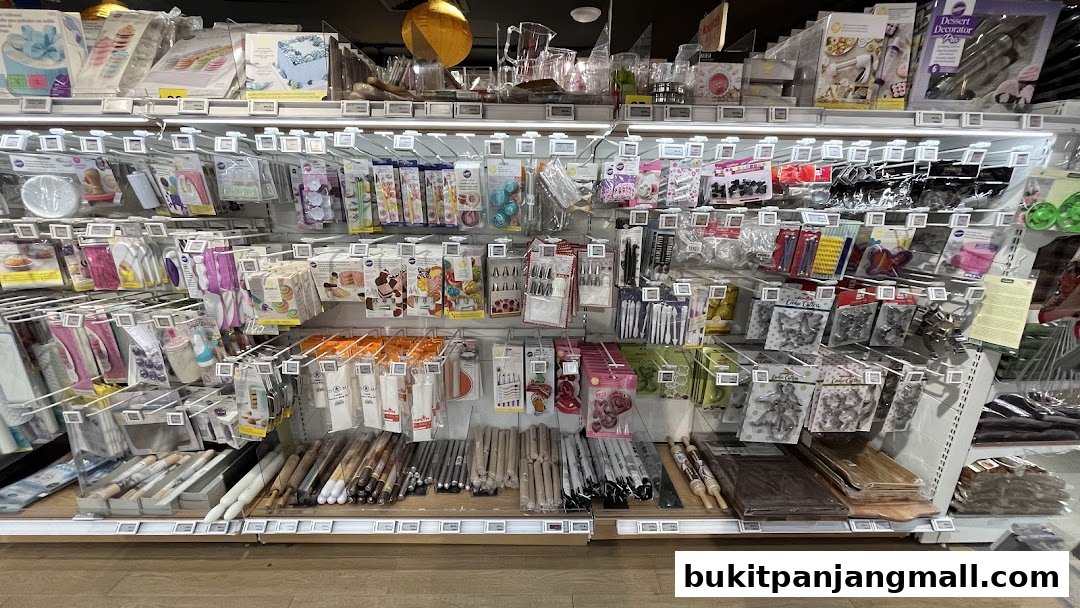 Shelves stocked with baking tools, decorating supplies, and kitchenware.