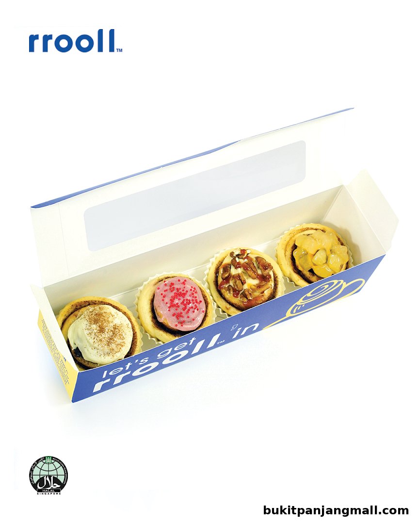 A box of four assorted cinnamon rolls from rrooll.