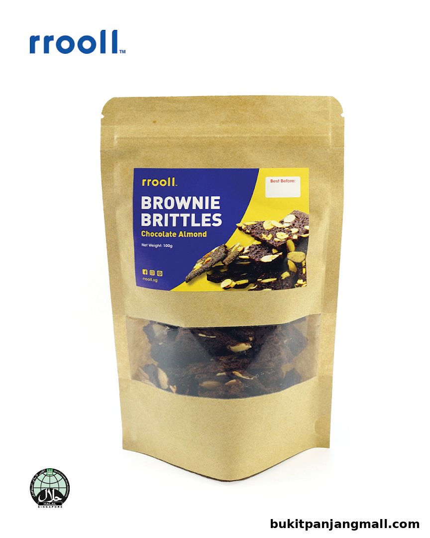 A bag of rrooll brownie brittles with chocolate and almond.
