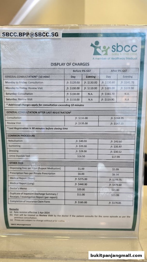 A price list displaying charges for consultations and procedures at SBCC Baby & Child Clinic.
