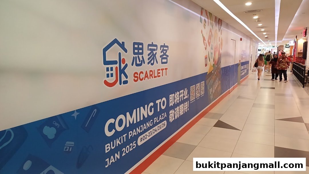A wall advertisement for the Scarlett shop, announcing its upcoming opening at Bukit Panjang Plaza in January 2025.